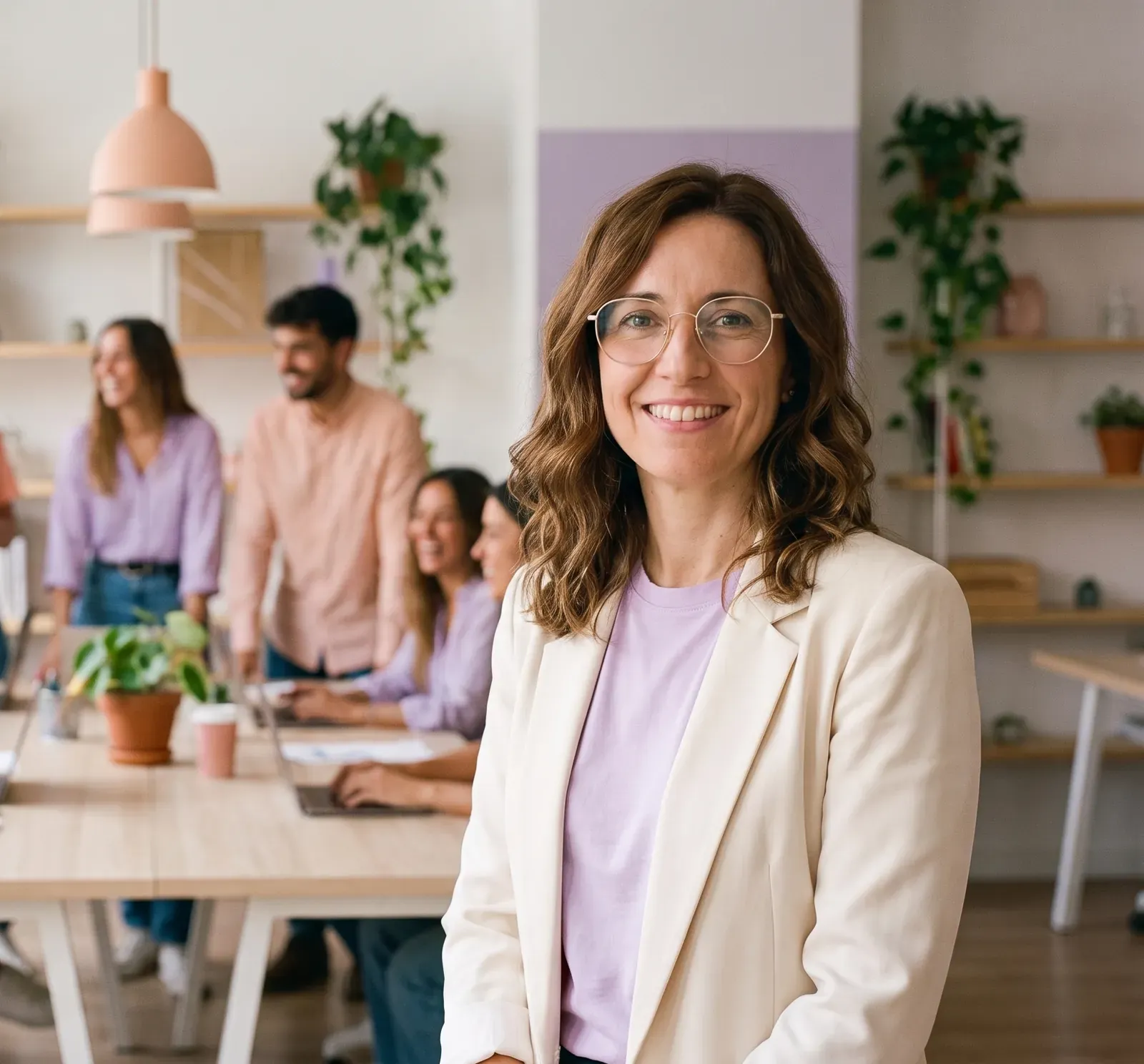 Una responsable de Personas sonríe con su equipo detrás
