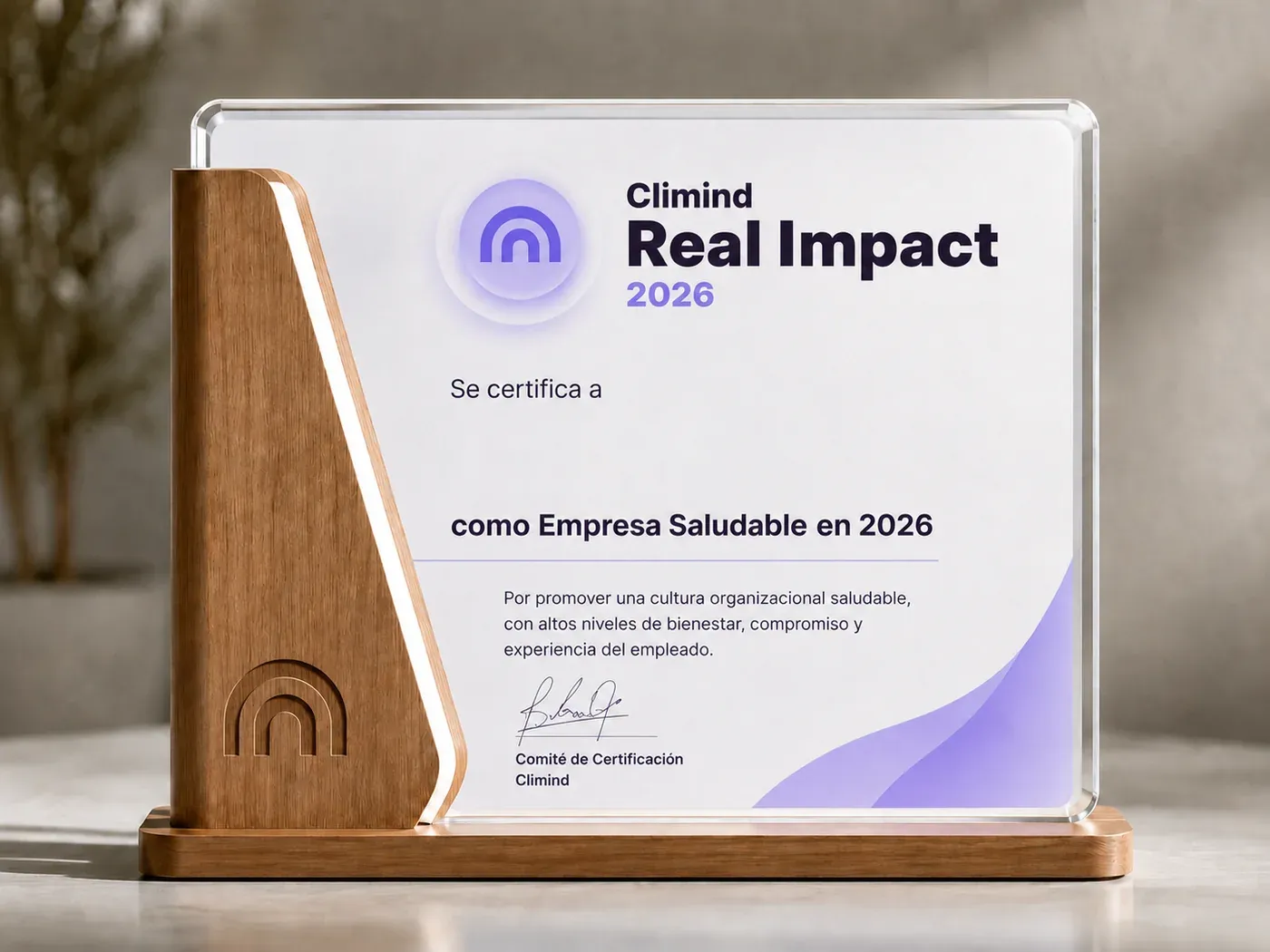Certificado físico Climind Real Impact con el nombre de tu empresa